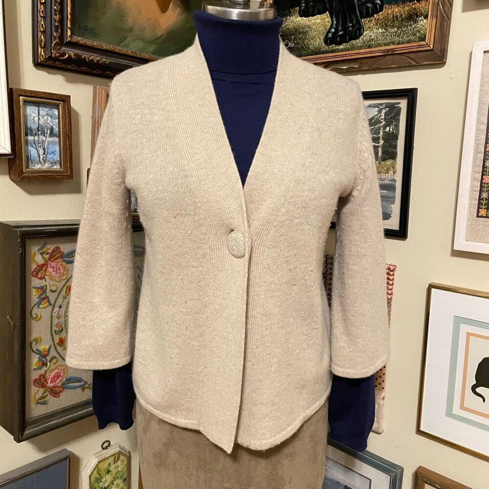 Vintage Tweeds Beige Lambs Wool & Angora Blend Single Button Cardigan Sweater M